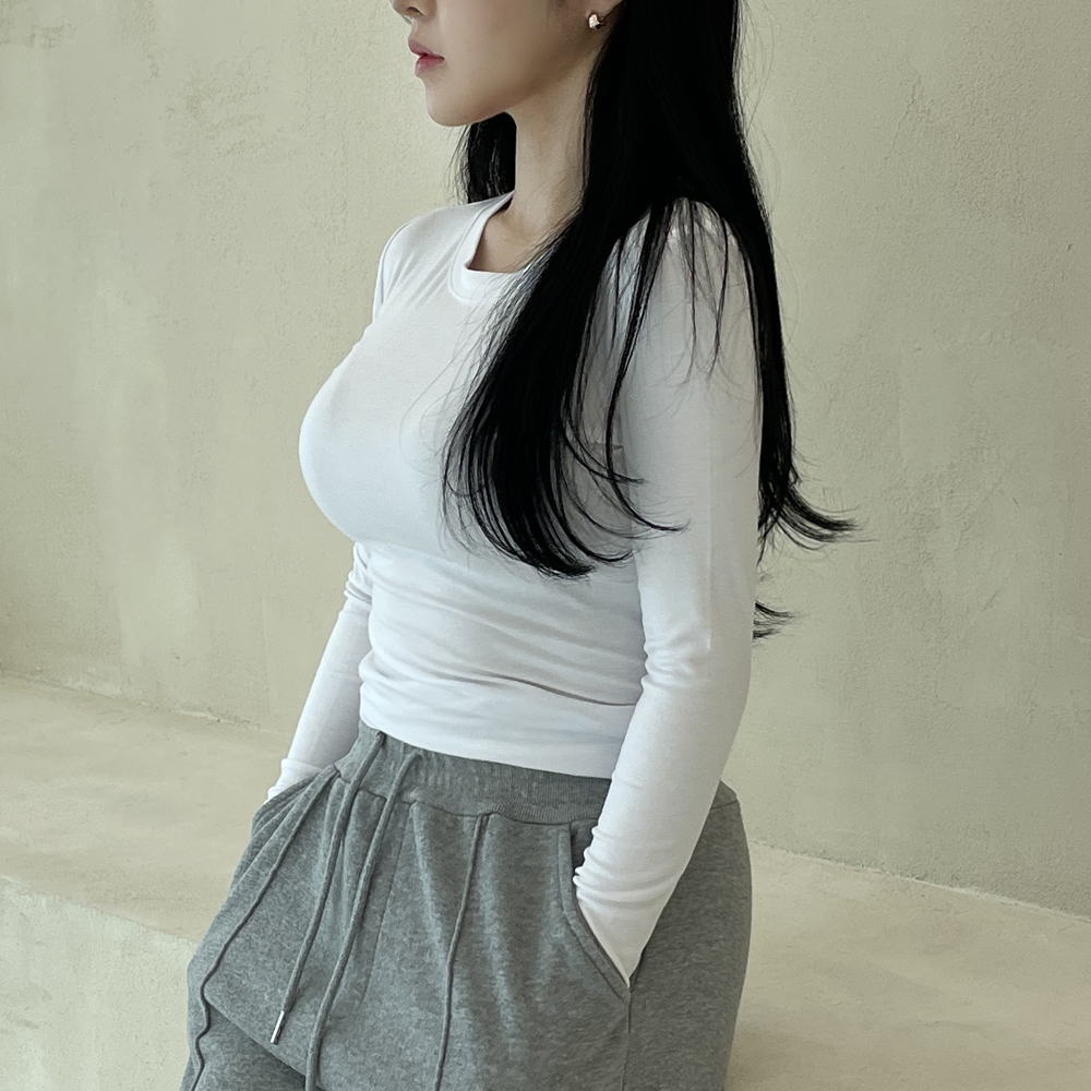 베이직 라운드 티셔츠 여성 기본티 긴팔 레이어드 이너 면스판 슬림핏 무지티 - 상세 이미지 2