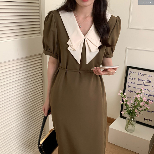 폴드 플리츠 배색 카라 퍼프 실키 롱원피스 2col 여름 봄 하객 모임 허리끈 제이플로우 이미지 6