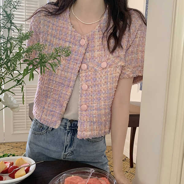 마르엘 노카라 라운드넥 루즈핏 수술 포켓 여성 봄 여름 반팔 파스텔 여성 숏 트위드 자켓