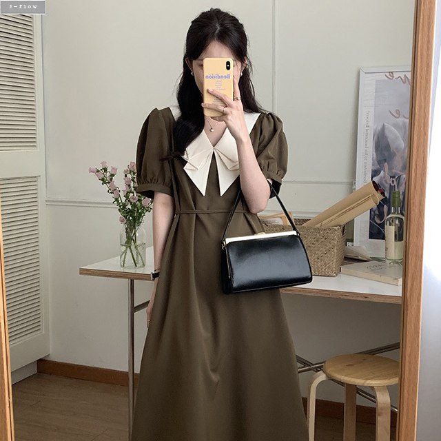 폴드 플리츠 배색 카라 퍼프 실키 롱원피스 2col 여름 봄 하객 모임 허리끈 제이플로우 - 상세 이미지 5