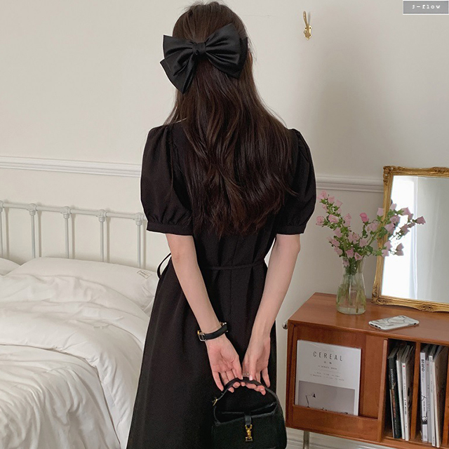 폴드 플리츠 배색 카라 퍼프 실키 롱원피스 2col 여름 봄 하객 모임 허리끈 제이플로우 - 상세 이미지 4