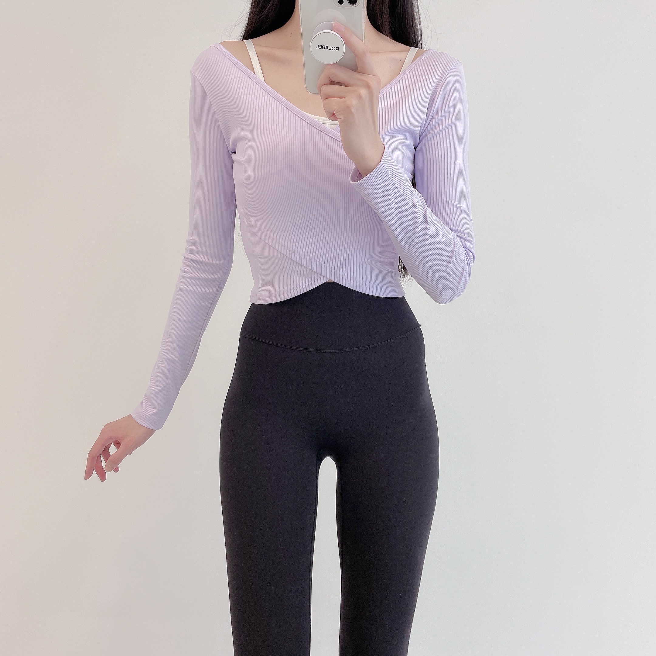 로라벨 클린 필라테스복 요가복 필라테스 상의 옷 커버업 운동복 탑 요가 랩 크롭 긴팔 - 상세 이미지 2