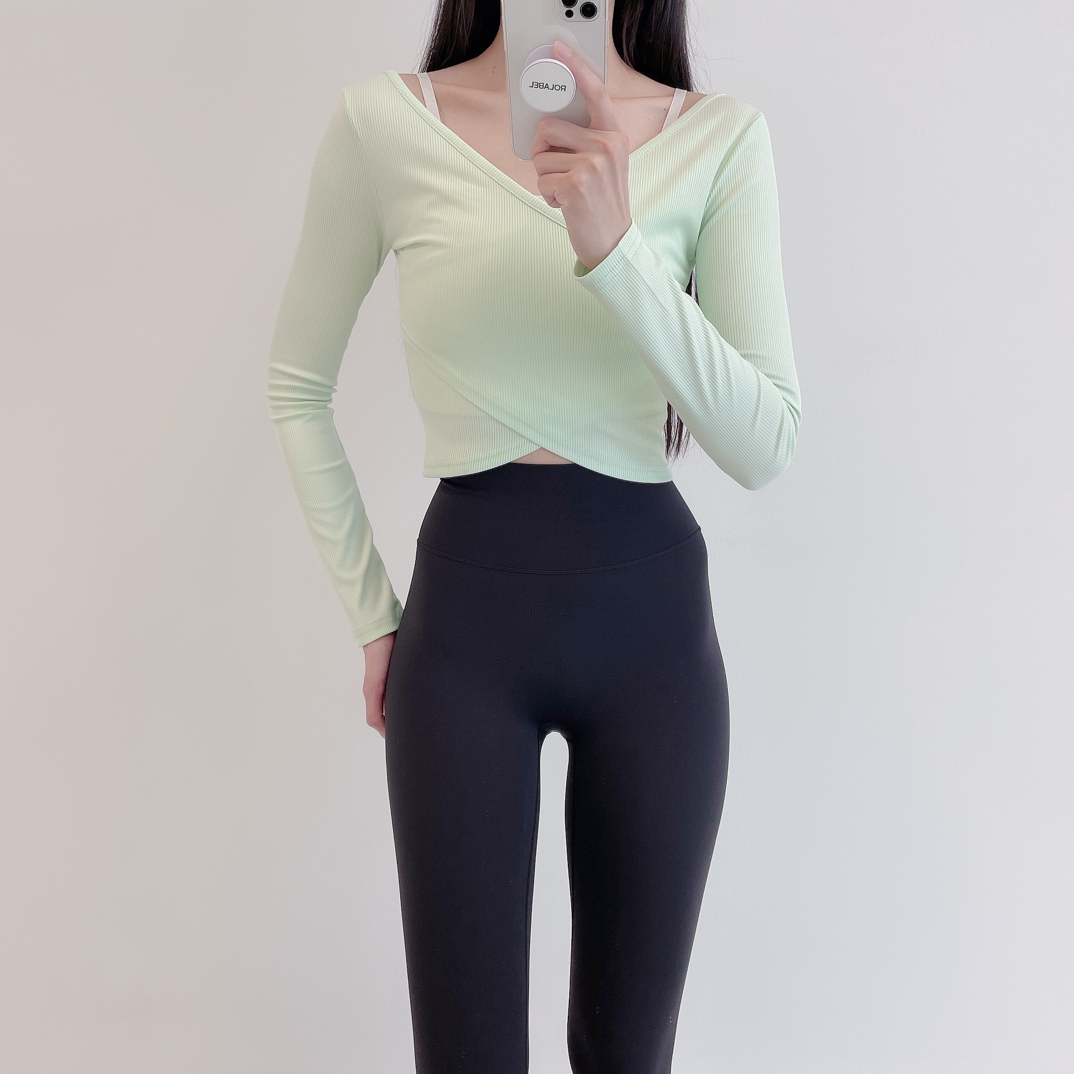로라벨 클린 필라테스복 요가복 필라테스 상의 옷 커버업 운동복 탑 요가 랩 크롭 긴팔 - 상세 이미지 3