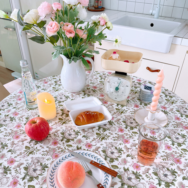 로망스 핑크 플라워 린넨 테이블보 식탁보 원형 사각 캠핑 홈카페 파티 집들이 95X110