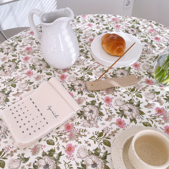 로망스 핑크 플라워 린넨 테이블보 식탁보 원형 사각 캠핑 홈카페 파티 집들이 95X110