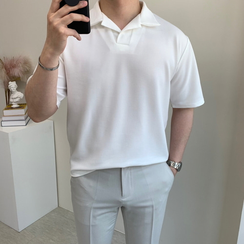 남자 세미오버핏 반팔티 분또 스판 오픈카라 여름 티셔츠 4컬러 이미지 4
