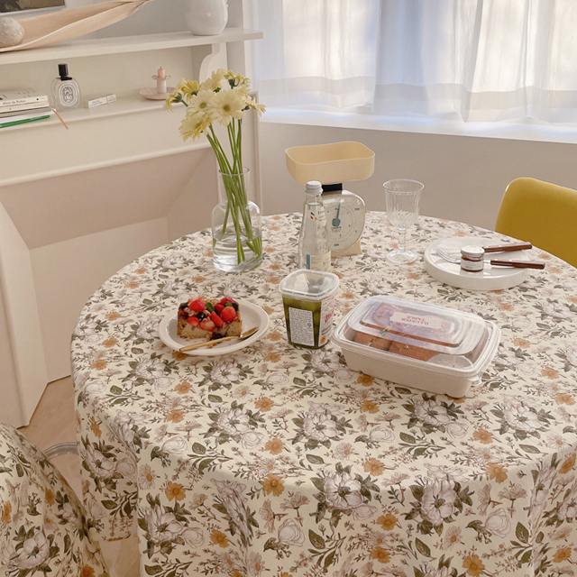 살림씨 플라워 린넨 식탁보 테이블보 사각 원형 카페 홈파티 로망스 골드 95X110