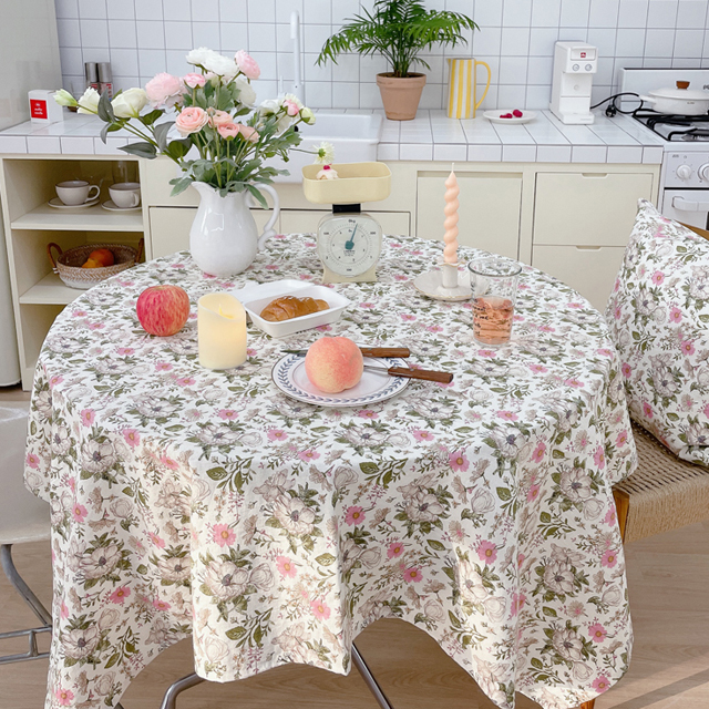 로망스 핑크 플라워 린넨 테이블보 식탁보 원형 사각 캠핑 홈카페 파티 집들이 95X110