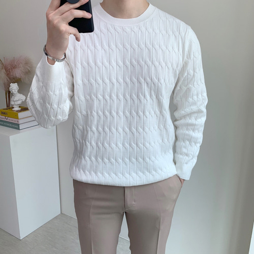 남자 라운드 봄 가을 부드러운 캐시미어 머슬핏 케이블 꽈배기 스판 긴팔스웨터 이미지 4