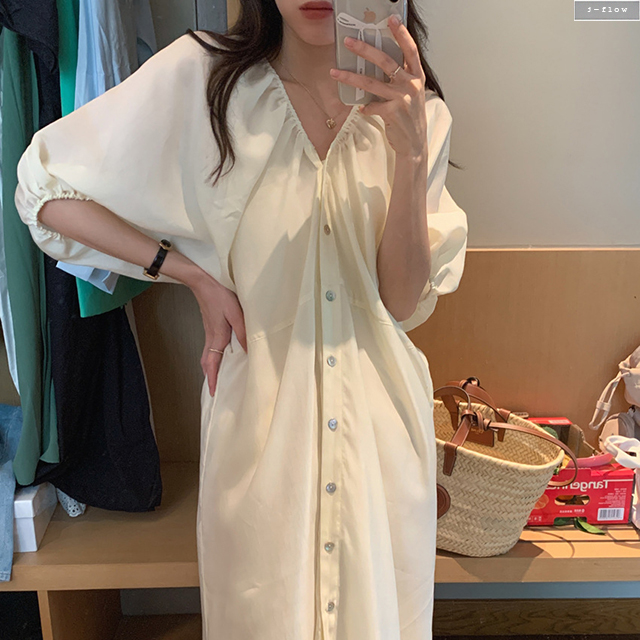 리나 브이넥 버튼 루즈핏 텐셀 롱원피스 (슬립세트) 4col 가오리 여름 봄 제이플로우 - 상품 이미지