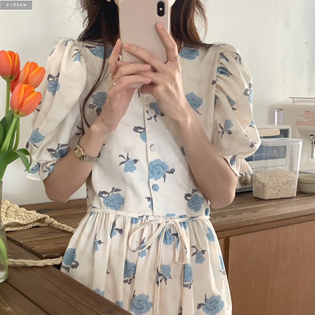 이젤 버튼 플라워 퍼프 허리끈 실키 롱원피스 2col 여름 봄 로맨틱 셔링 프릴 제이플로우 이미지 8