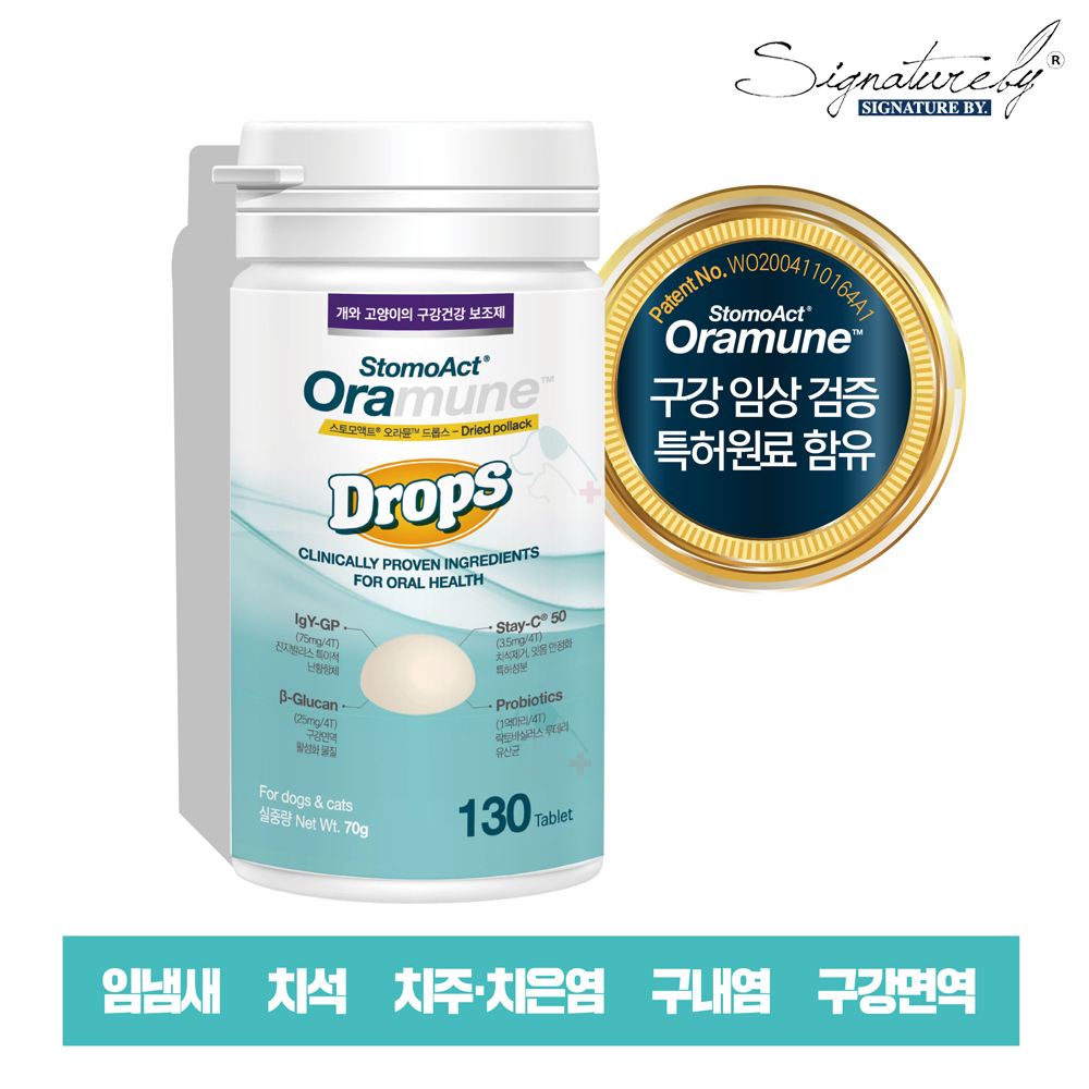 시그니처바이 스토모액트 오라뮨 드롭스 70g 강아지 고양이 치석 염증 유산균 구강면역 치은염 치주염 츄어블 영양제 130타블렛 - 상세 이미지 2