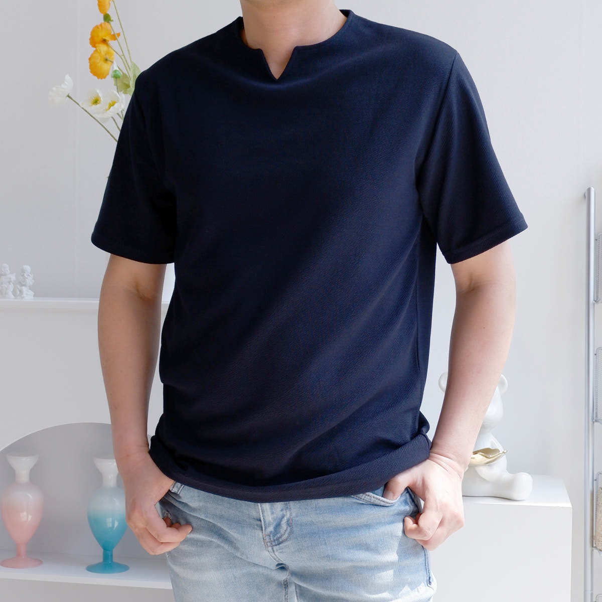 LUXTIE HOMME 구김없는 남자 링클프리 엠보 슬릿넥 반팔 티셔츠 브이넥