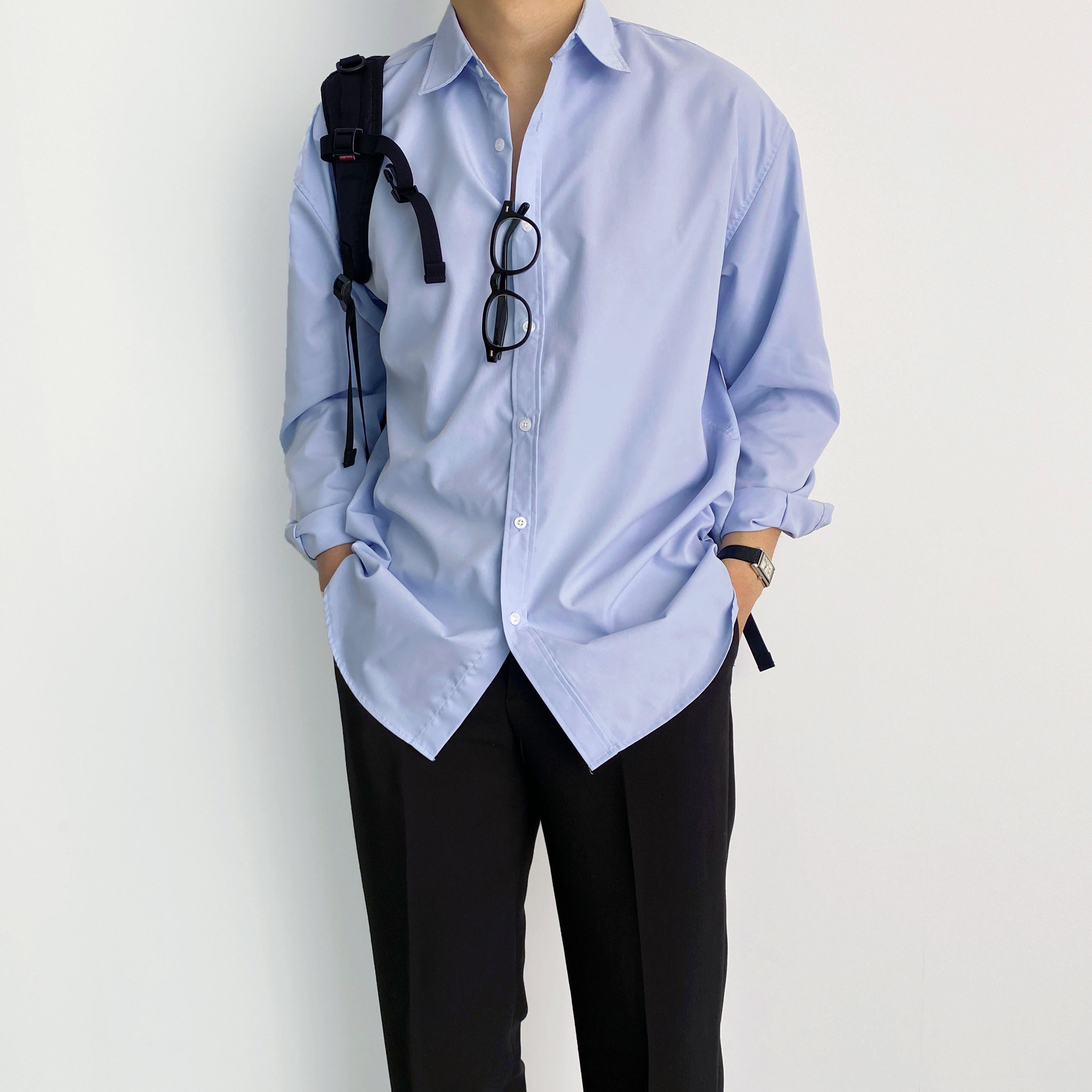 남자하늘색셔츠 소라색셔츠 오버핏셔츠 제품 이미지