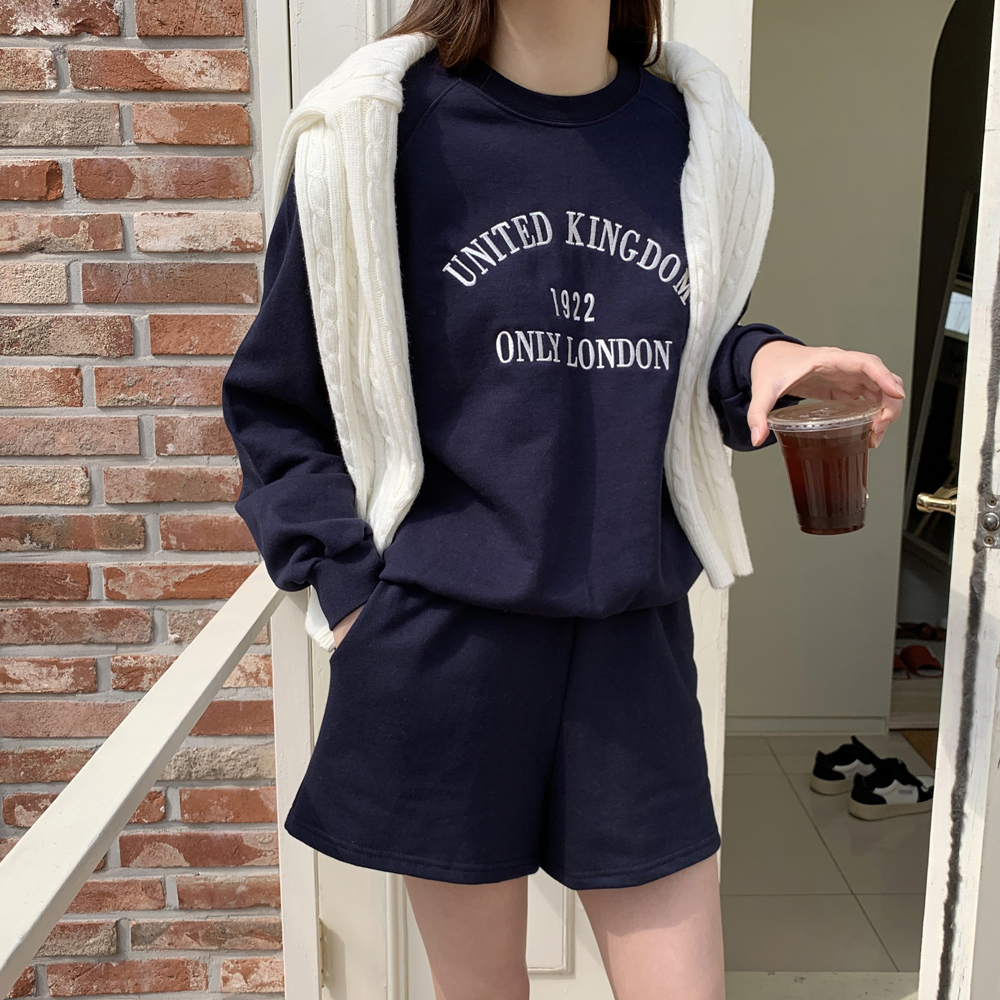 레터링 자수 맨투맨 반바지 여성트레이닝세트 츄리닝 상하 세트 캠핑룩 엄마등원룩 원마일웨어 이미지 2