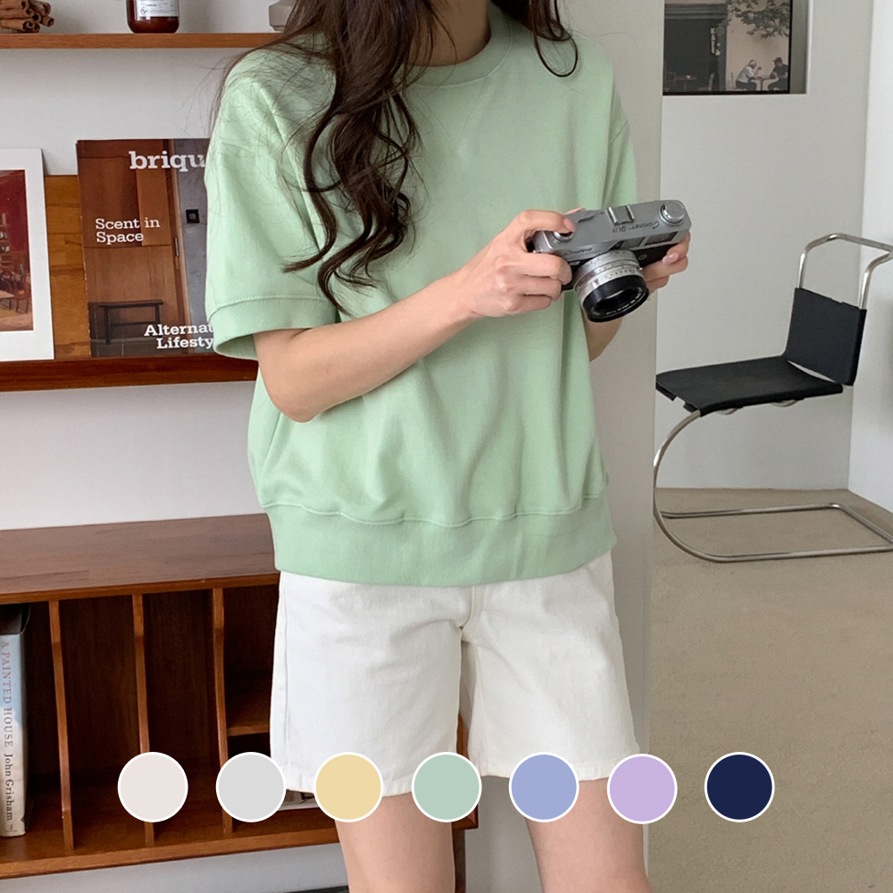 오버핏 여성 세미크롭맨투맨 여름 맨투맨 여자 반팔 맨투맨 썸머 우먼 티셔츠 면 라운드