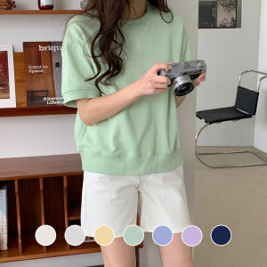 오버핏 세미크롭 여름 맨투맨 여자 반팔 맨투맨 썸머 반팔티 여성 티셔츠 ... 착용 후기 | 사이즈/핏 총정리 - 상품 이미지 1