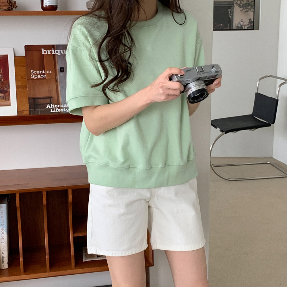 오버핏 세미크롭 여름 맨투맨 여자 반팔 맨투맨 썸머 반팔티 여성 티셔츠 면 라운드 이미지 4
