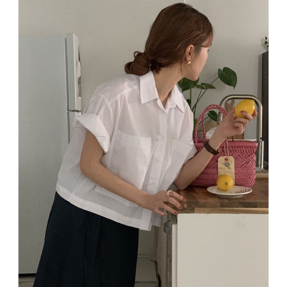 (s/s인기 재진행) 왕카라 한여름 롤업 포켓 셔츠 코튼 반팔 비서 구김없는 마린블라우스 - 상세 이미지 5