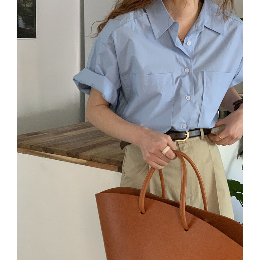 (s/s인기 재진행) 왕카라 한여름 롤업 포켓 셔츠 코튼 반팔 비서 구김없는 마린블라우스 - 상품 이미지