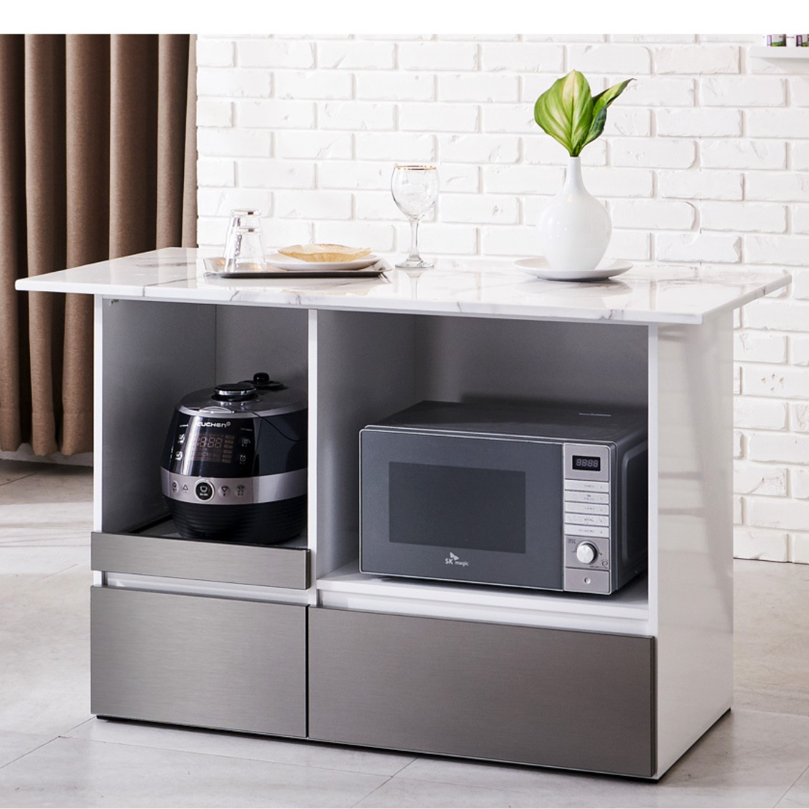 인조 대리석 홈바 렌지대 1500 좁은집 식탁 간이 조리대 작업대 수납 광파 오븐 아일랜드