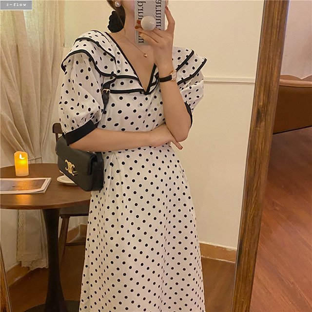 이중 도트 프릴 카라 배색 퍼프 롱원피스 (아이보리) 여름 봄 세일러 코튼 제이플로우 - 상품 이미지
