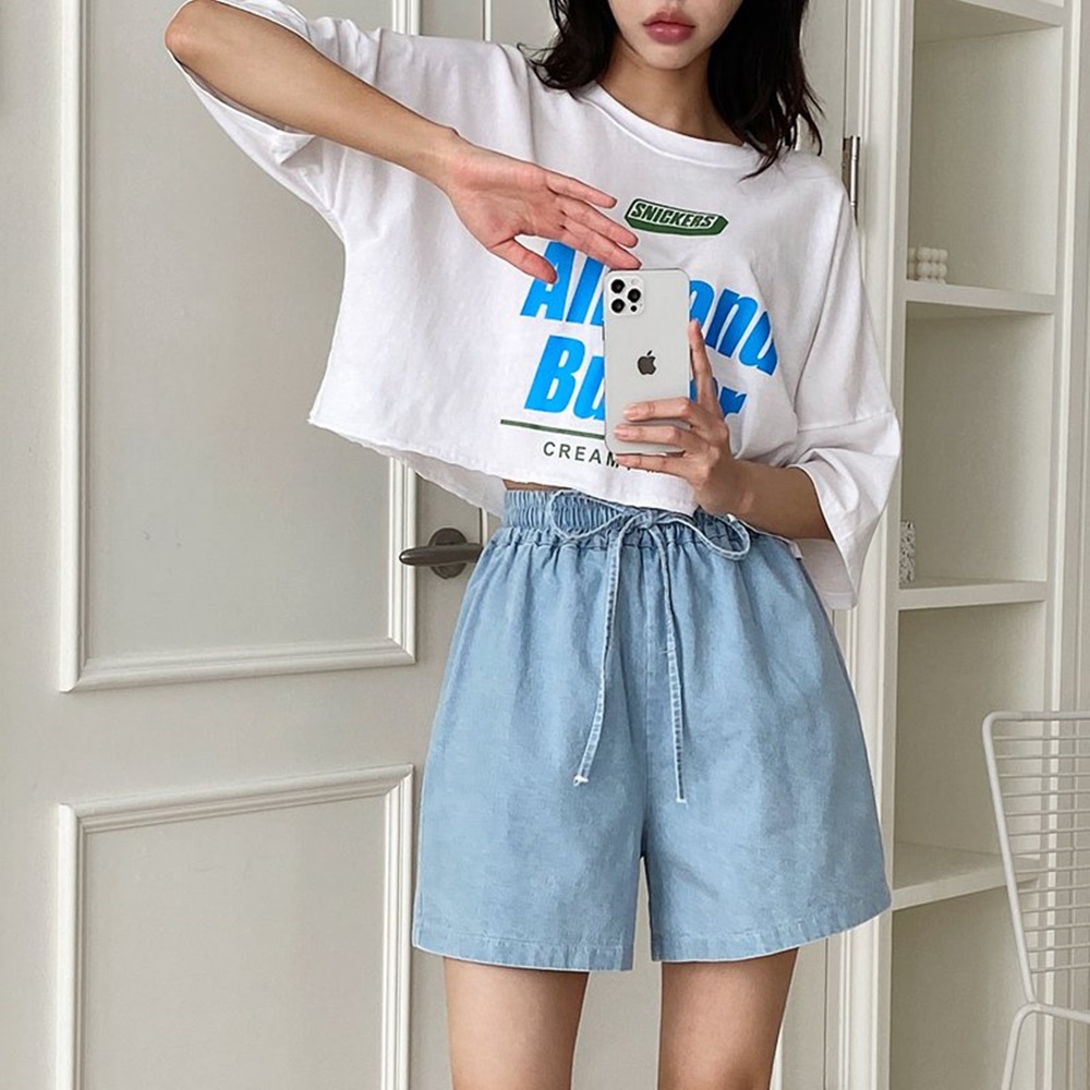 여름 허리 밴딩 고무줄 면 데님 3부 A라인 와이드 반바지 청바지 팬츠 편한 10컬러 - 상품 이미지