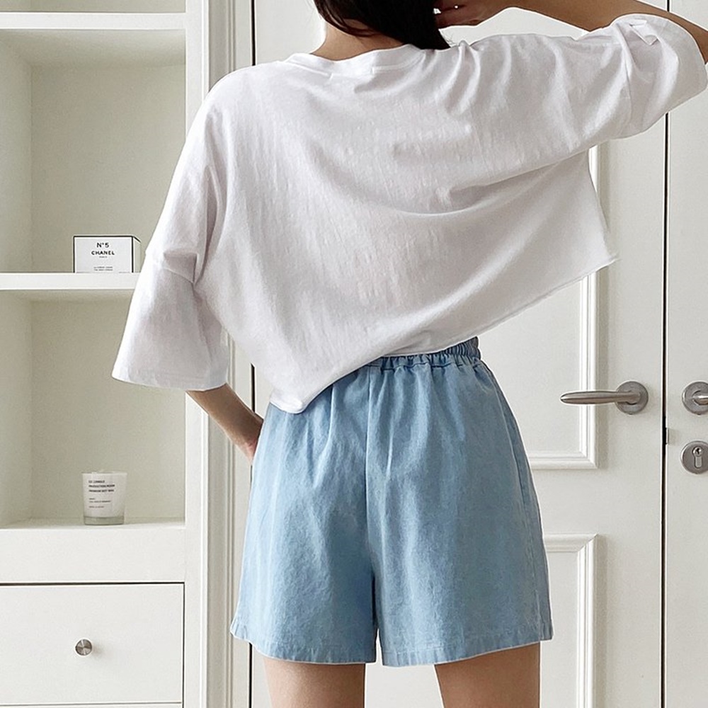 여름 허리 밴딩 고무줄 면 데님 3부 A라인 와이드 반바지 청바지 팬츠 편한 10컬러 - 상세 이미지 5