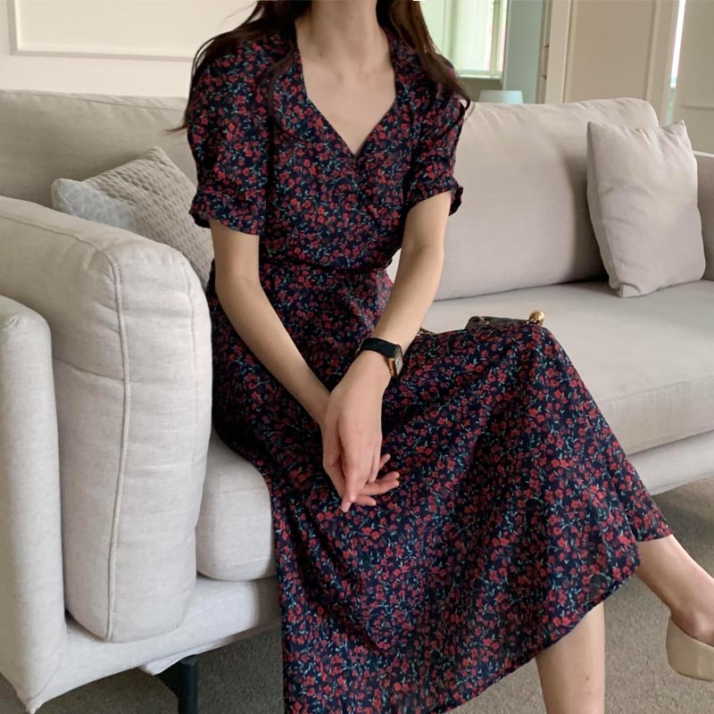 장미 스퀘어넥 플라워 꽃무늬 반팔 소매퍼프 벌룬 여름 A라인 플레어 하객룩 여리 롱 원피스 - 상세 이미지 2
