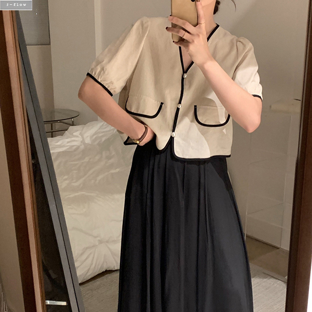 첼시 브이넥 린넨 진주버튼 크롭 자켓 (오트밀,블랙) 자켓 여름 배색 퍼프 크롭 제이플로우 - 상세 이미지 2