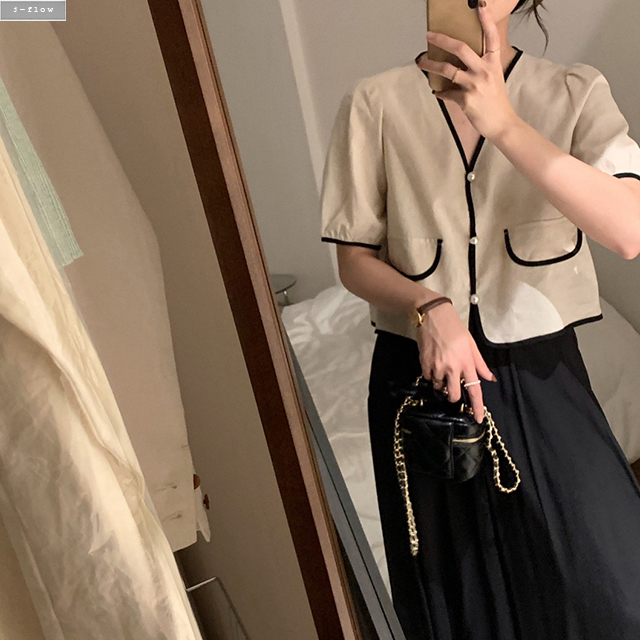 첼시 브이넥 린넨 진주버튼 크롭 자켓 (오트밀,블랙) 자켓 여름 배색 퍼프 크롭 제이플로우 이미지 8