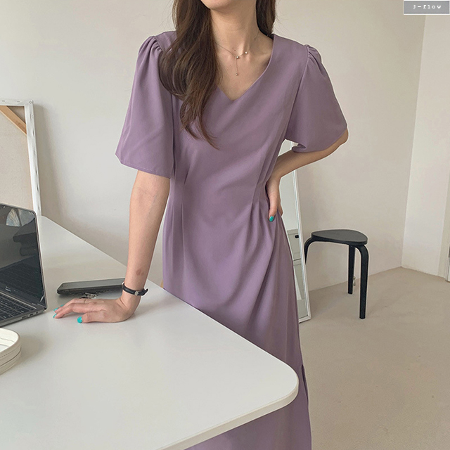 테사 브이넥 실키 핀턱 허리끈 롱원피스 4col 여름 봄 슬림 A라인 퍼프 하객 제이플로우 - 상품 이미지
