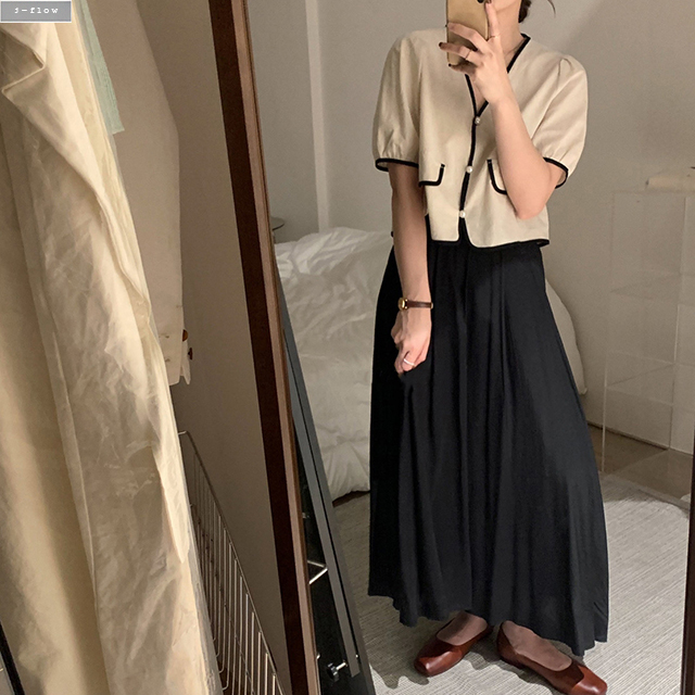 첼시 브이넥 린넨 진주버튼 크롭 자켓 (오트밀,블랙) 자켓 여름 배색 퍼프 크롭 제이플로우 이미지 6