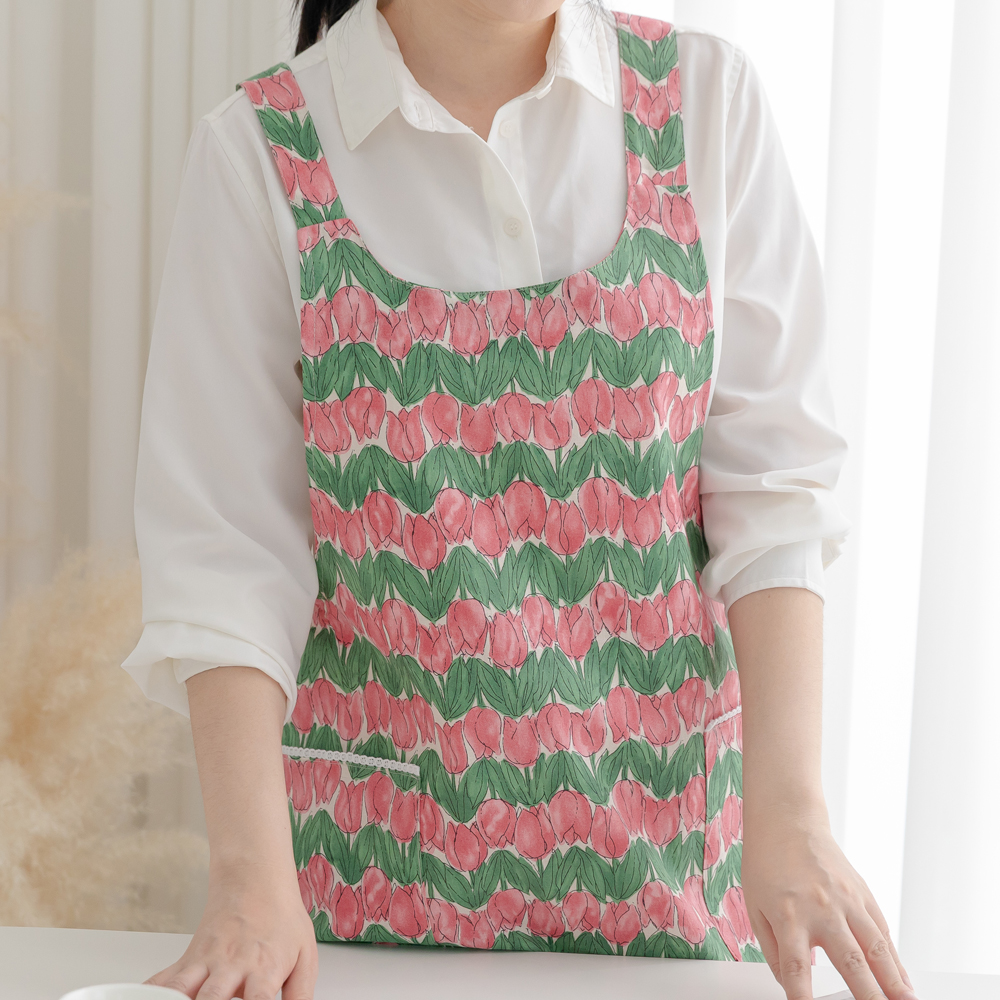 데코에버 팬지 플라워 린넨 앞치마 꽃무늬 방수앞치마 H형