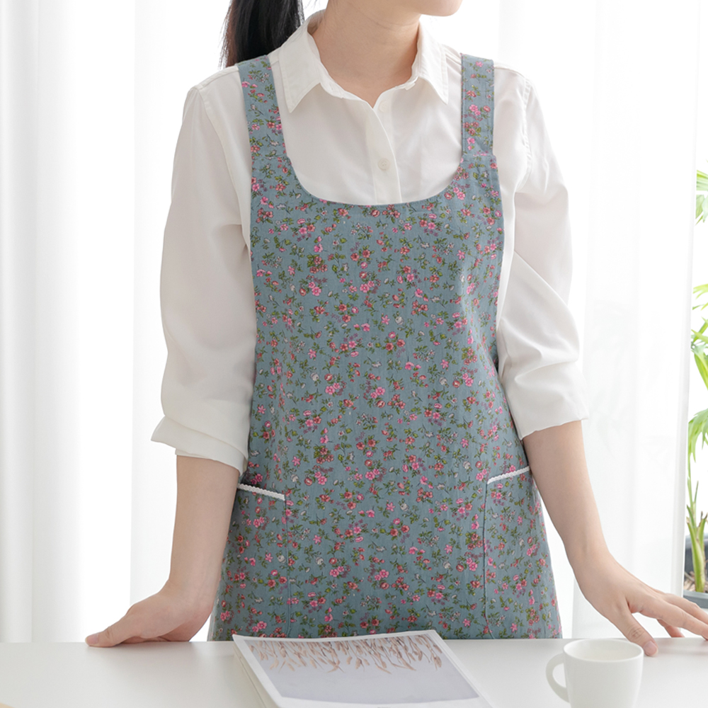 데코에버 팬지 플라워 린넨 앞치마 꽃무늬 방수앞치마 H형