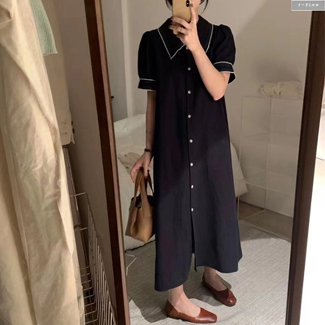 스텔라 린넨 배색 카라 버튼 롱원피스 (오트밀,네이비) 여름 봄 맥시 루즈핏 제이플로우 - 상세 이미지 5