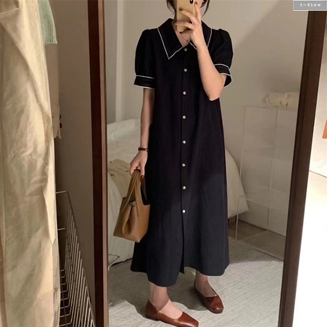 스텔라 린넨 배색 카라 버튼 롱원피스 (오트밀,네이비) 여름 봄 맥시 루즈핏 제이플로우 이미지 7