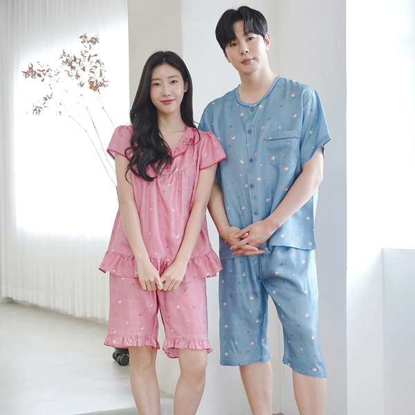 커플 잠옷 남성 여성 풍기인견 반팔 파자마 22S410-22S310 - 메인 이미지