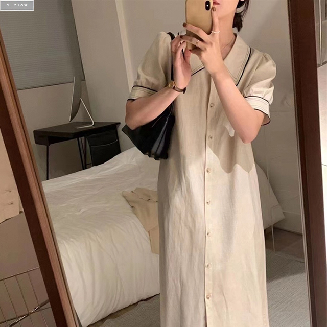 스텔라 린넨 배색 카라 버튼 롱원피스 (오트밀,네이비) 여름 봄 맥시 루즈핏 제이플로우 - 상세 이미지 2