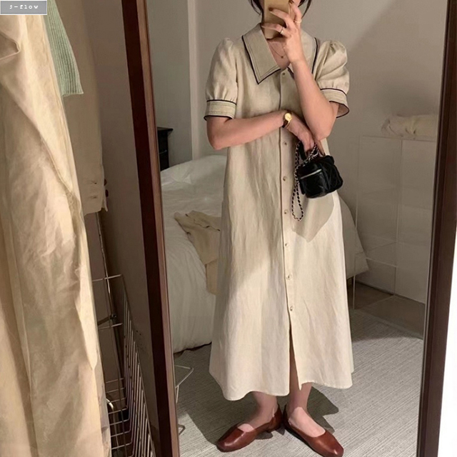 스텔라 린넨 배색 카라 버튼 롱원피스 (오트밀,네이비) 여름 봄 맥시 루즈핏 제이플로우 - 상세 이미지 4