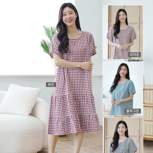 여성 체크 파자마 여름 여자 원피스 반팔 잠옷 7651 CP면 - 메인 이미지