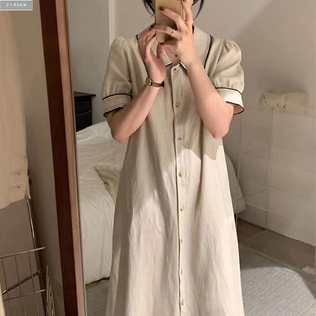 스텔라 린넨 배색 카라 버튼 롱원피스 (오트밀,네이비) 여름 봄 맥시 루즈핏 제이플로우 이미지 8