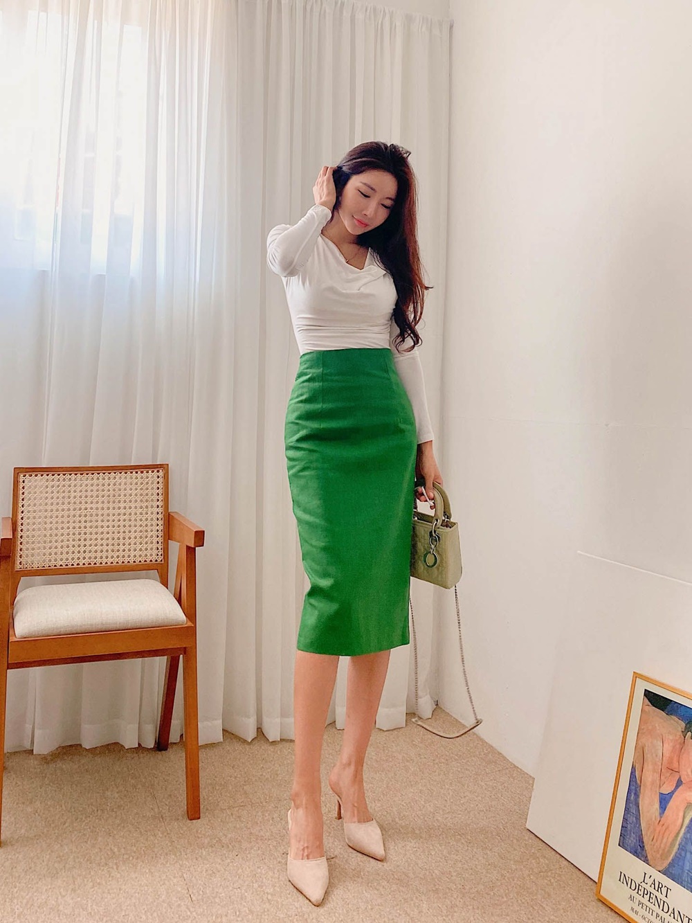 린넨스커트 정장 하이웨스트 여름 여성 H라인 뒷트임 슬릿 롱스커트 - 상세 이미지 3