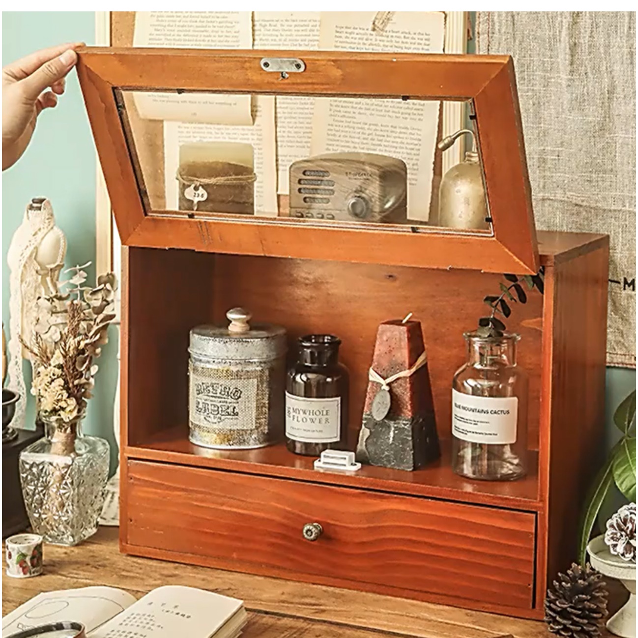 엔틱 찻잔 장식장 유리 진열장 작은 소형 미니 서랍 장식장