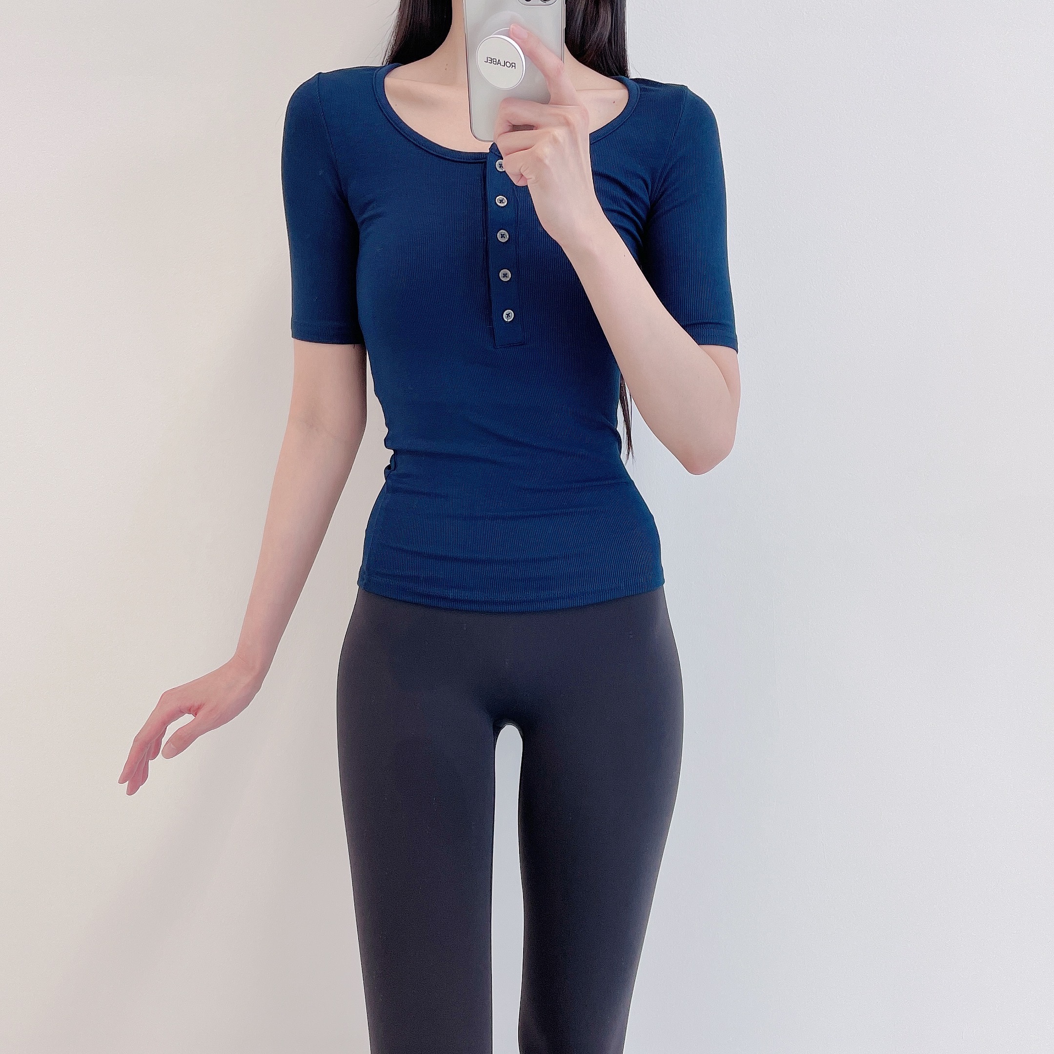 로라벨 로우 필라테스복 요가복 필라테스 상의 옷 커버업 운동복 탑 요가 반팔 슬림 복장 - 상세 이미지 2