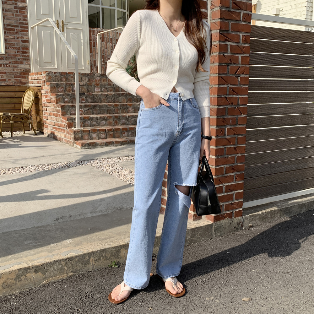 하이웨스트진 찢어진 여성와이드청바지 통청바지 찢청 세미와이드 데님팬츠 연청 여자여름청바지 이미지 8