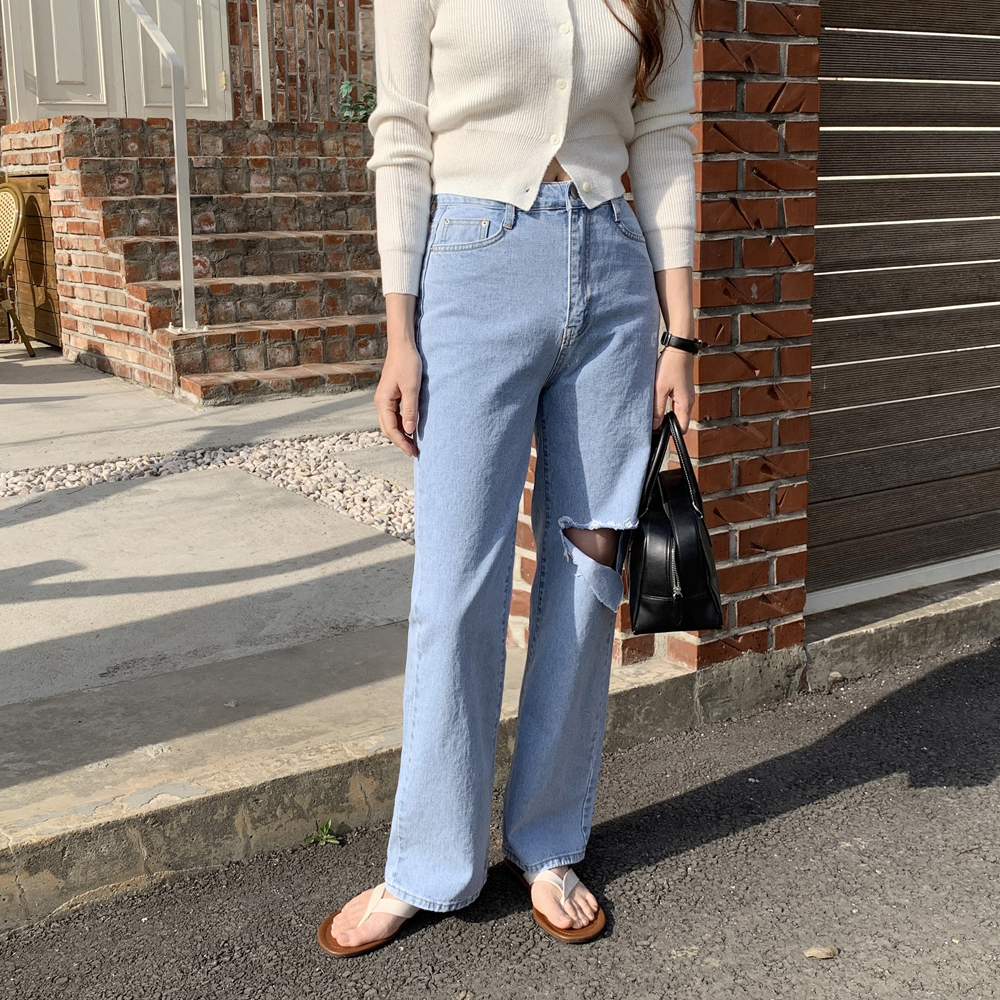 하이웨스트진 찢어진 여성와이드청바지 통청바지 찢청 세미와이드 데님팬츠 연청 여자여름청바지