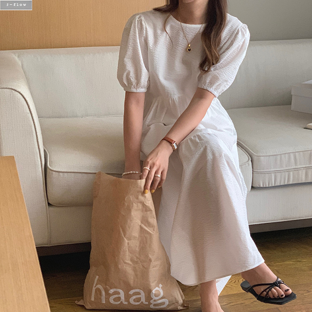 디어드 엠보 퍼프 코튼 맥시 롱원피스 2col 여름 봄 루즈핏 소매밴딩 퓨어 제이플로우 - 상품 이미지