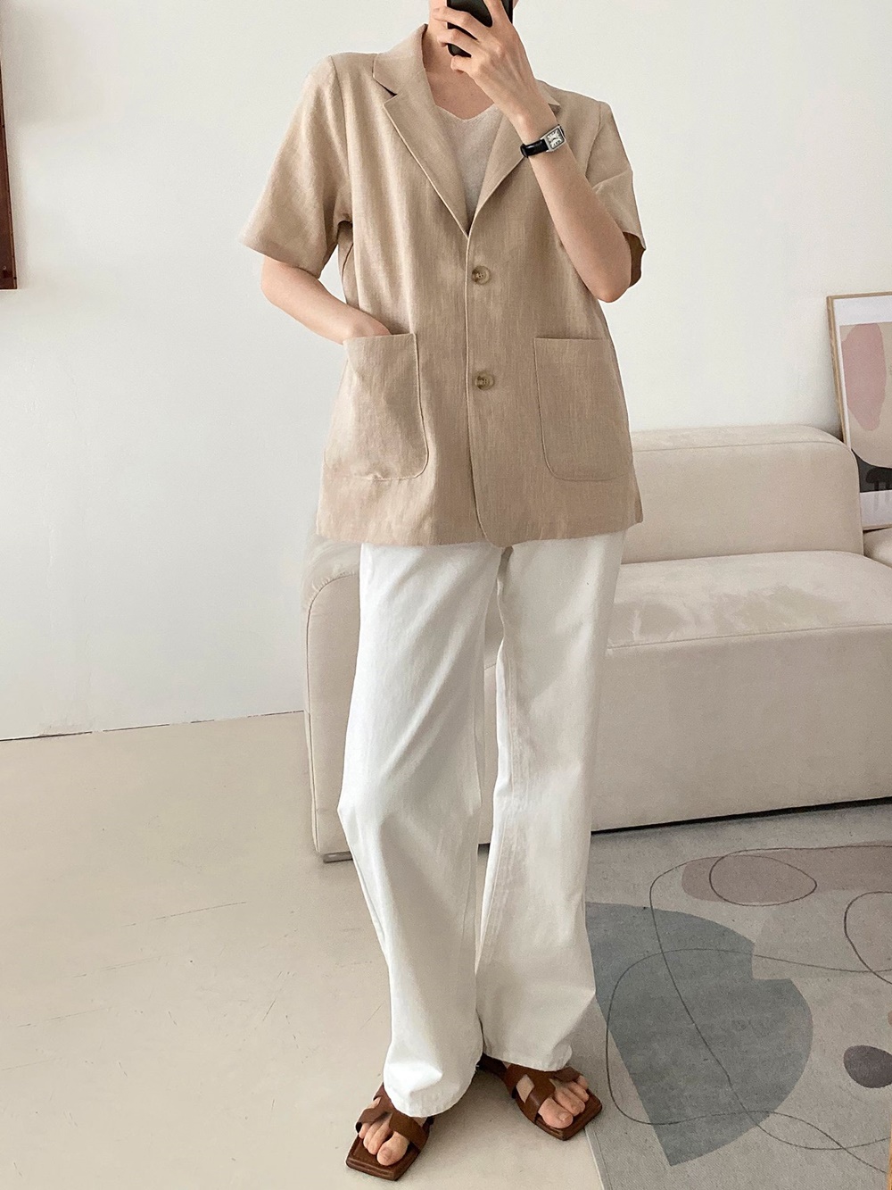 린넨 테일러드 카라 정장 여성 여름 반팔 자켓 아우터 이미지 6