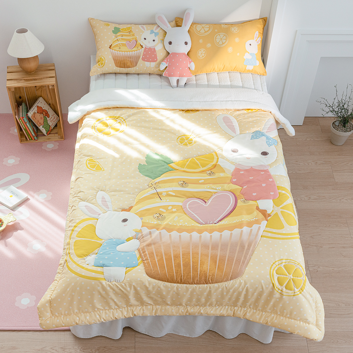 키즈 시어서커 쿨 냉감 에어컨 손자수 차렵 여름이불 베개세트 에이미레몬 (토끼), S.SS(싱글.슈퍼싱글겸용)